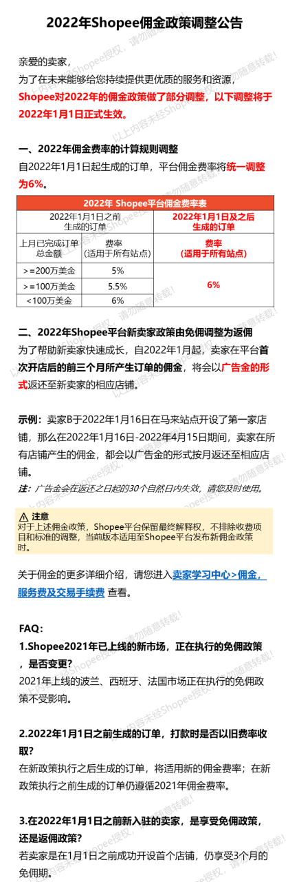 2022年Shopee佣金政策调整公告